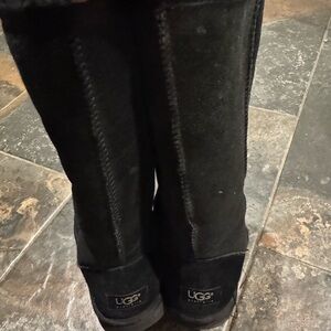 UGG Tall Black Suede Boots with Logo Patch